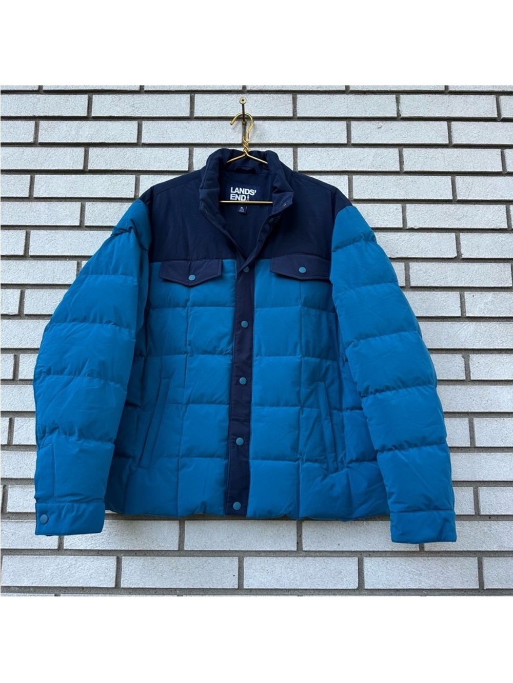 Lands’ End XL Blue Down Feather Puffer Jacket Navy Colorblock Quilted Coat